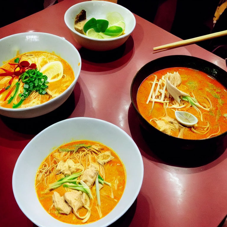 Asian noodle soup with red broth and toppings, chopsticks and lime slices.