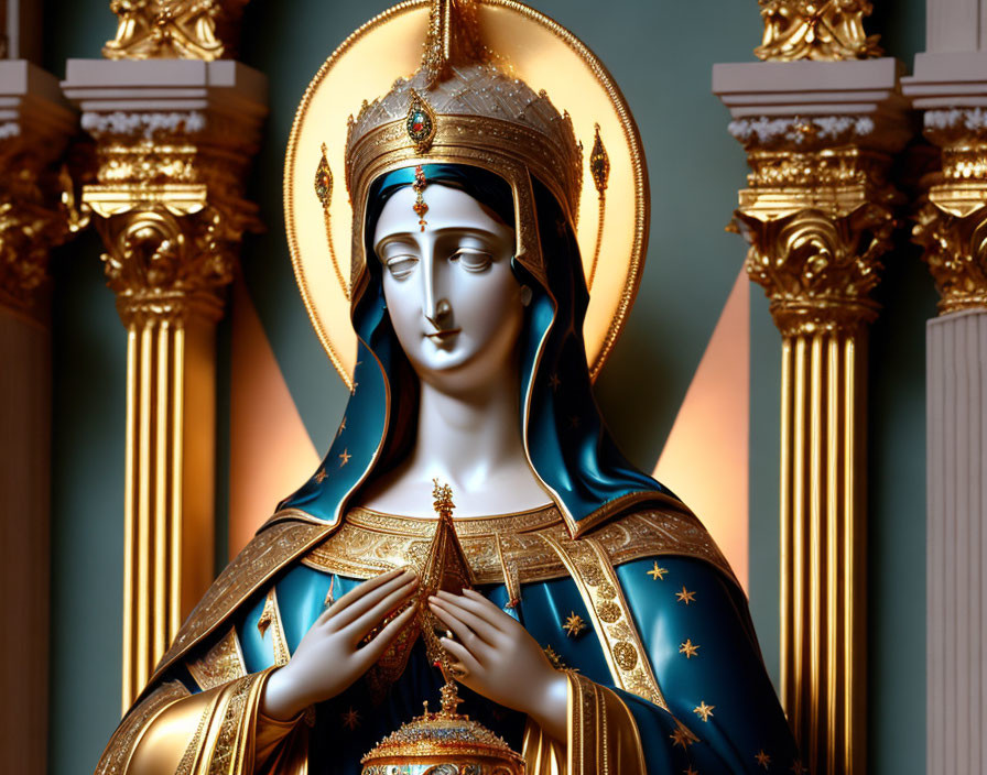 Serene Virgin Mary statue in blue and gold robes with crown on ornate background