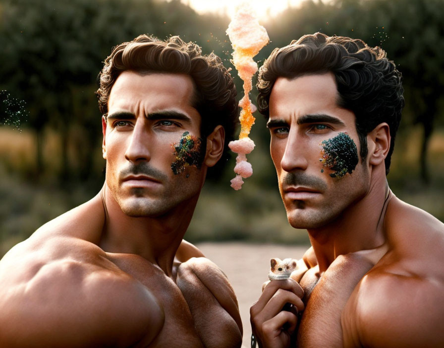 Identical muscular men with glitter, one holding cotton candy, the other a kitten, against a natural