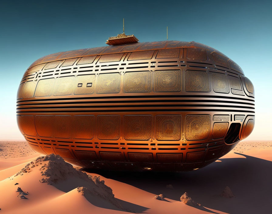 Intricate spherical spaceship above desert landscape