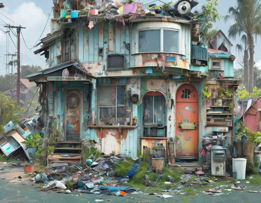 Abandoned two-story house with cluttered yard and overgrown vegetation