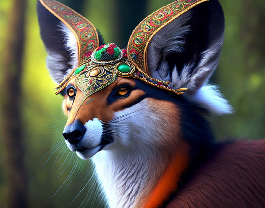 Digitally altered fox with colorful headpiece on green background