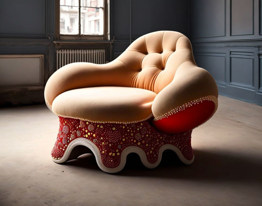 Luxurious Designer Armchair with Beige Seat and Red Base in Elegant Room