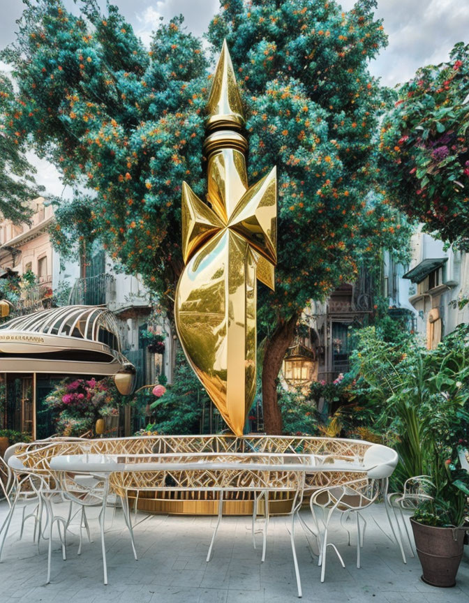 Golden swirling star-like sculpture in serene outdoor dining area with trees and white chairs.