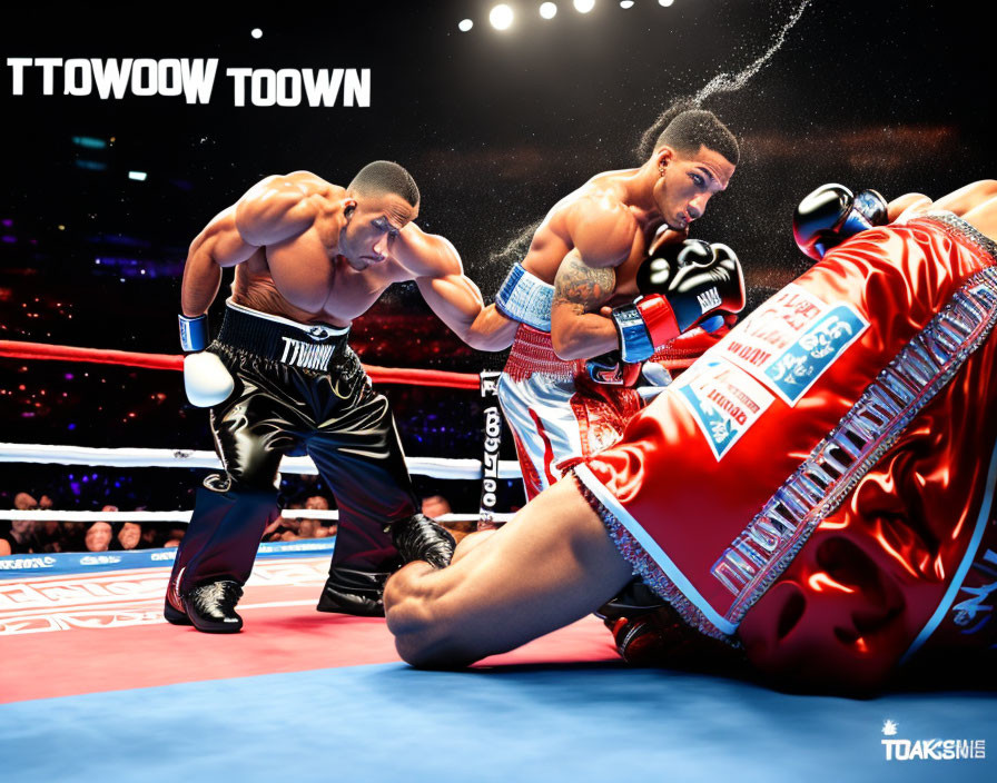 Boxers in the ring with one throwing a punch and the other knocked down against vibrant backdrop