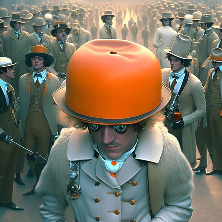 Elaborate white costume with oversized orange hat in crowd of uniformed figures