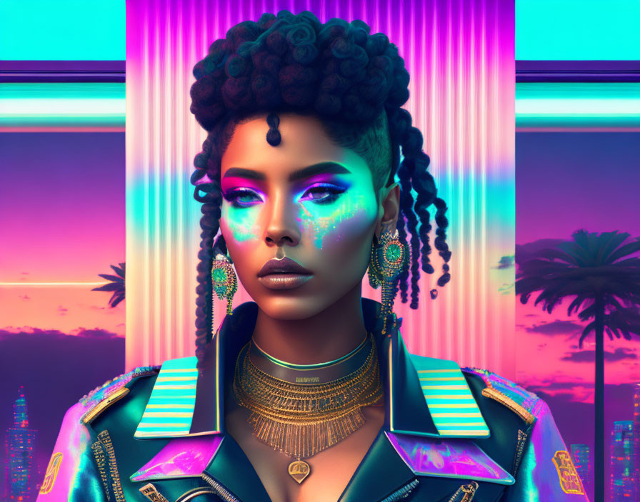 Futuristic woman with stylized makeup and neon cityscape portrait