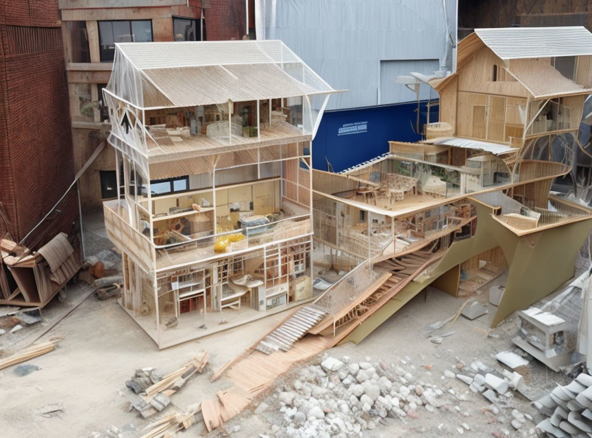 Unfinished wooden structures at construction site with exposed frameworks