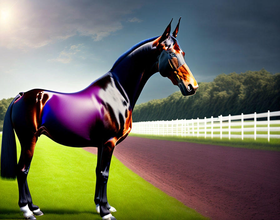 Digitally altered horse with glossy, multi-colored coat on racetrack.