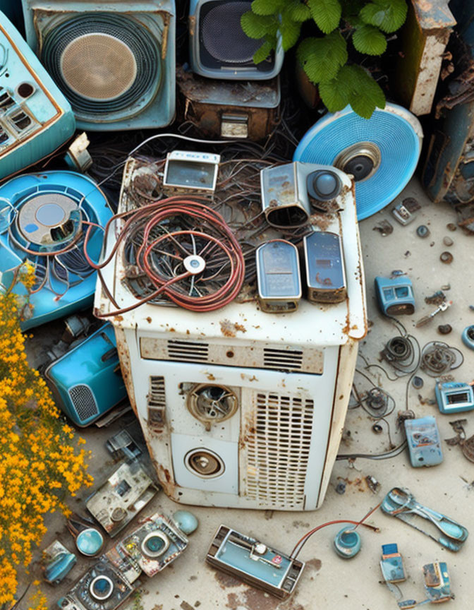 Assorted Old Electronic Devices Heap: Fans, Radios, Screens