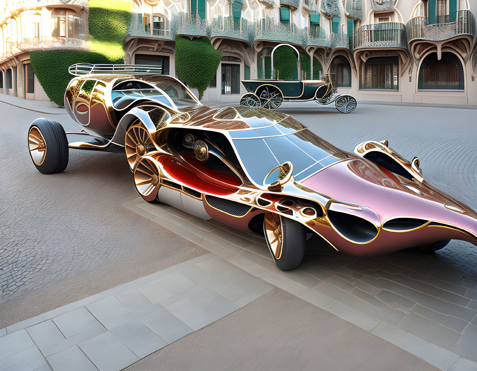 Futuristic orange and chrome concept car parked next to classic green vintage vehicle on cobblestone street