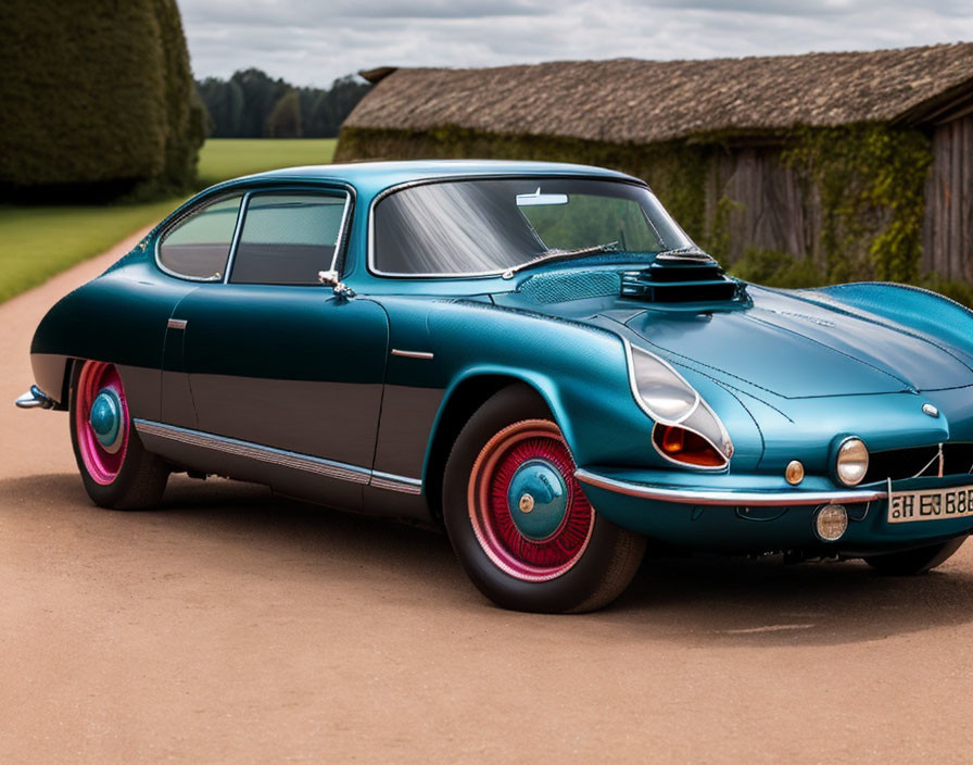 Vintage Teal Car with Red Rims and White Stripe on Cobblestone Road