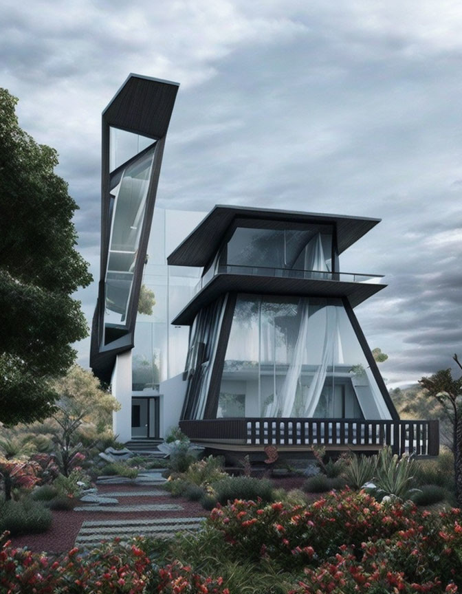 Geometric Design Two-Story House with Large Glass Windows