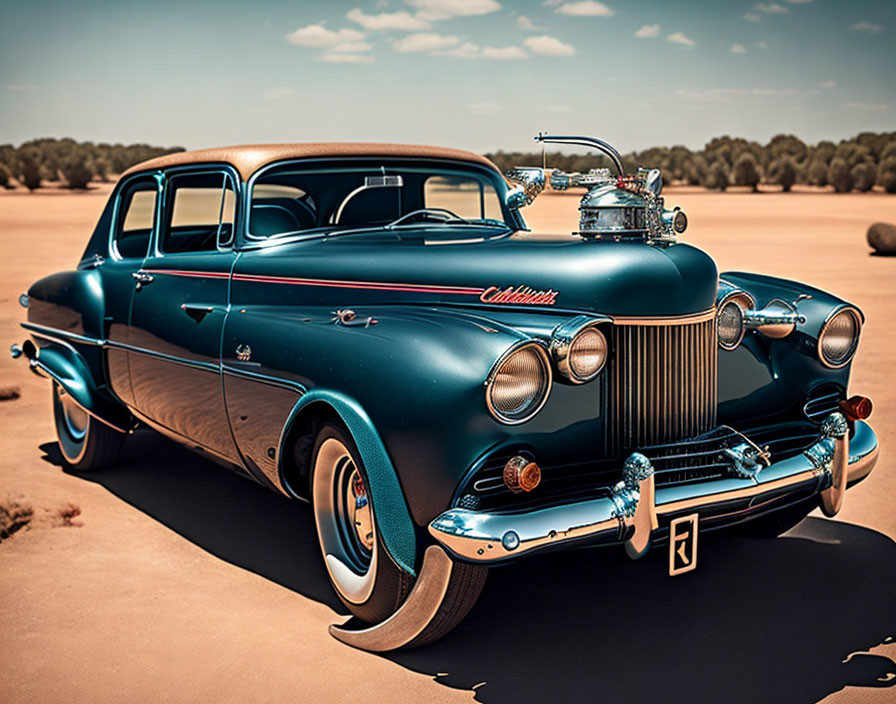 Classic Teal Car with Wood Paneling and Chrome Details on Sandy Beach