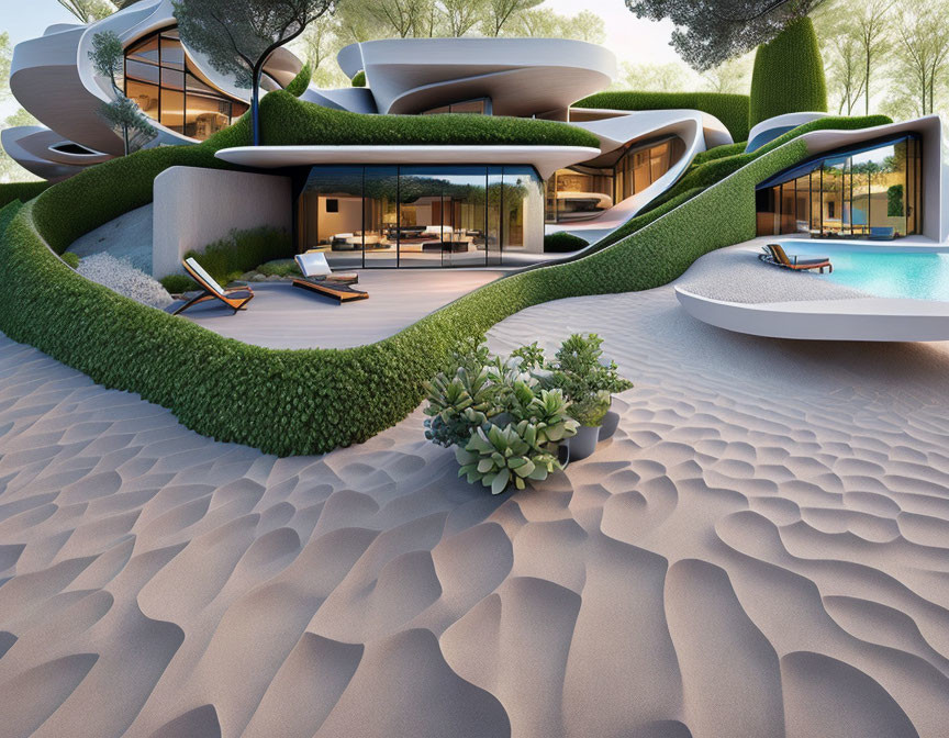 Contemporary House with Flowing Design, Greenery, and Pool in Desert Landscape