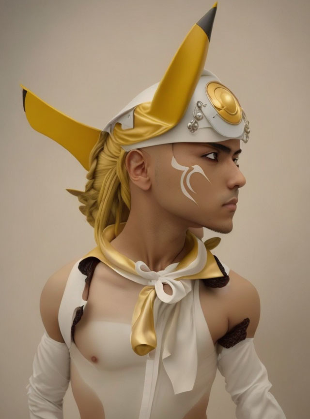 Stylized costume with white and gold helmet and horns, brown accents, and cheek mark