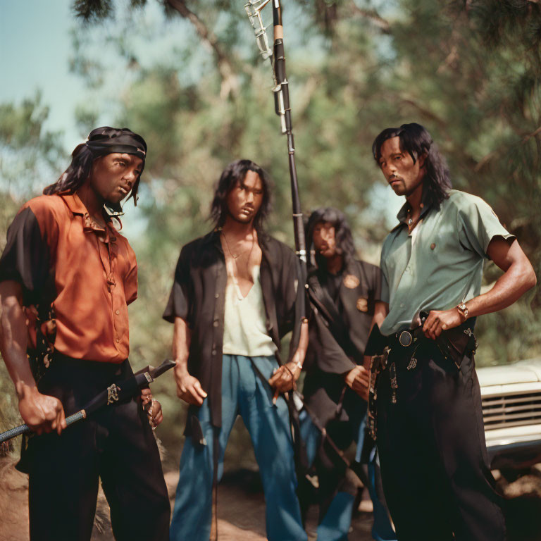 Four Men in 90s Fashion with Weapons in Wooded Area & Vintage Car