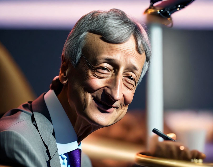 Smiling man wax figure in suit at desk with pen