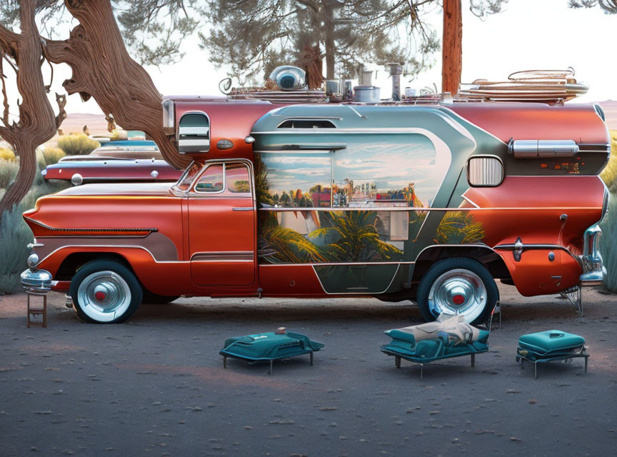 Sleek Red and Cream Retro-Futuristic RV with Cozy Interior