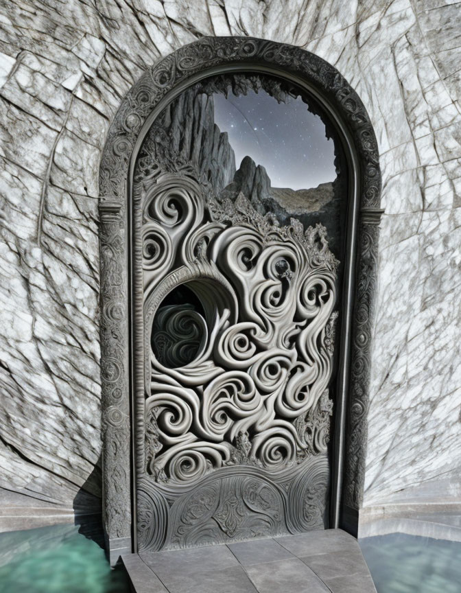 Intricately Carved Ornate Door Revealing Mountainous Landscape on Marble Background