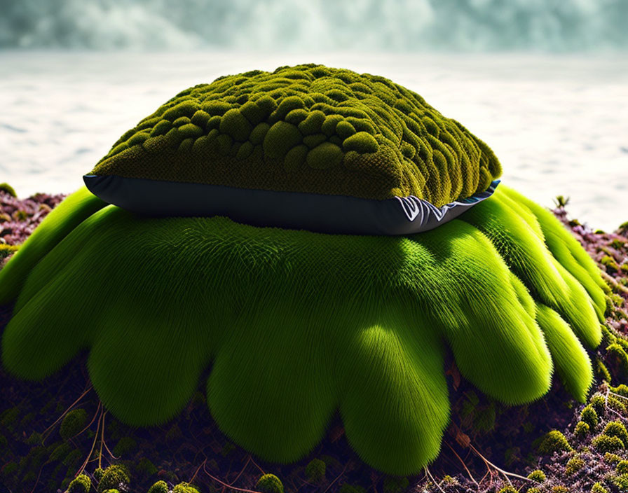 Green mossy cushion with finger-like extensions on bed of real moss