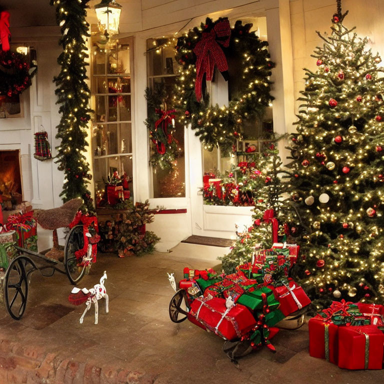 Festive holiday scene with Christmas decorations and storefront display