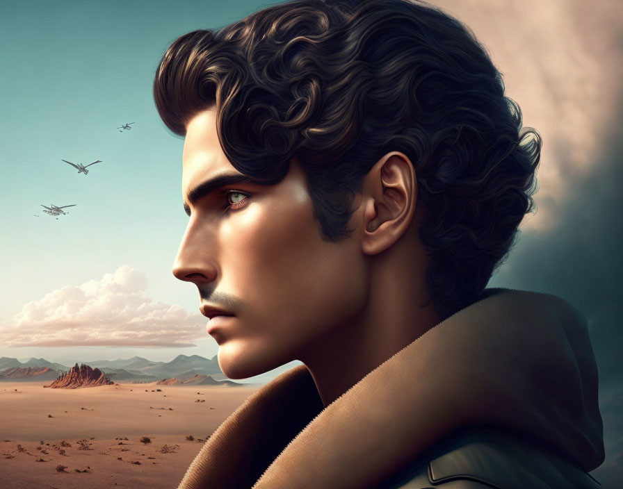 Man with Curly Hair in Military Coat in Desert Scene