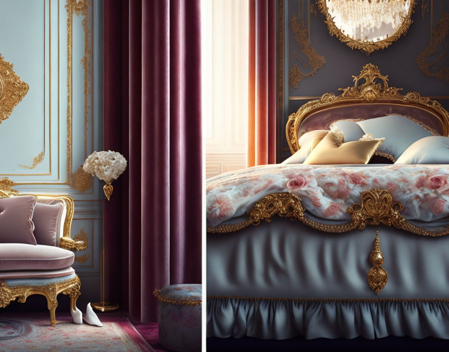 Luxurious Baroque-style bedroom with gold-framed bed and vintage pink chair