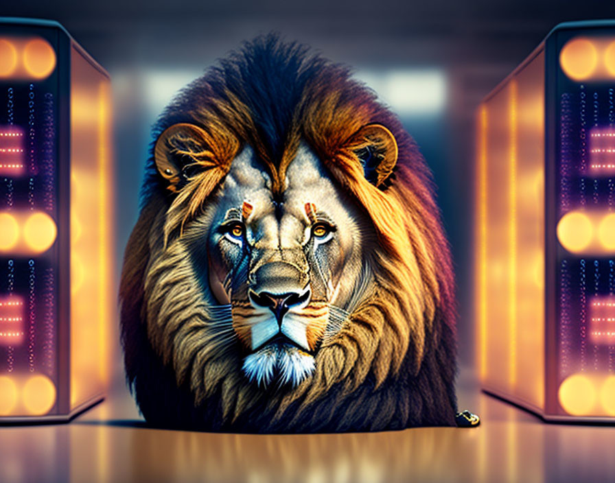 Majestic lion face with neon towers in futuristic setting