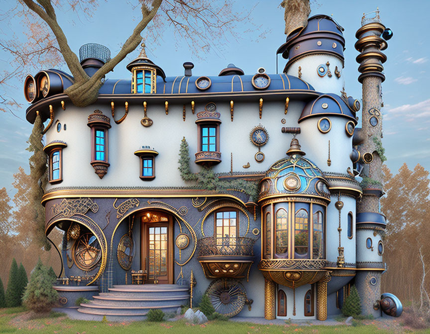 Steampunk-style house with metallic gears and round windows in twilight forest