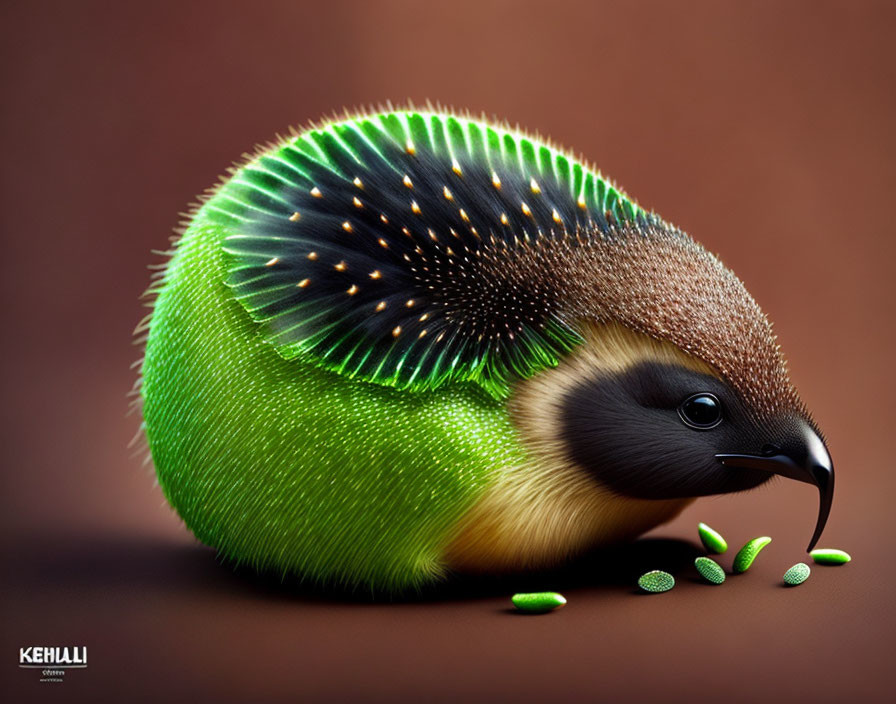 Surreal illustration of kiwi fruit-bird hybrid with bird's head and beak