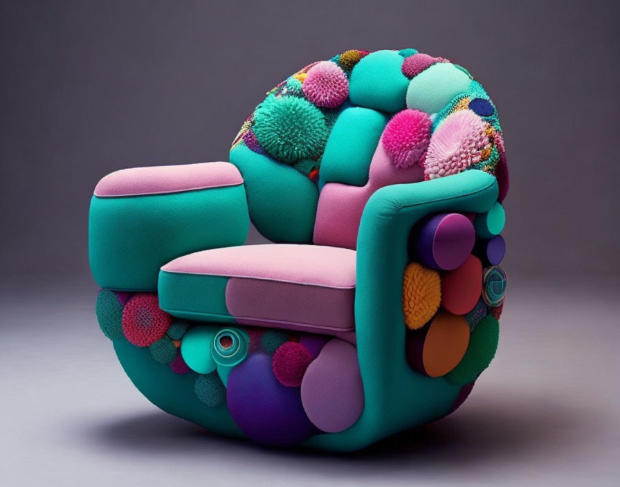 Colorful Armchair with Plush Cushions & Textured Embellishments