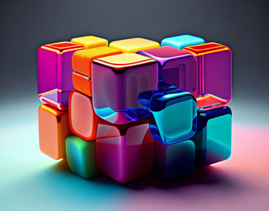 Colorful 3D rendering of a glossy Rubik's Cube on gradient background