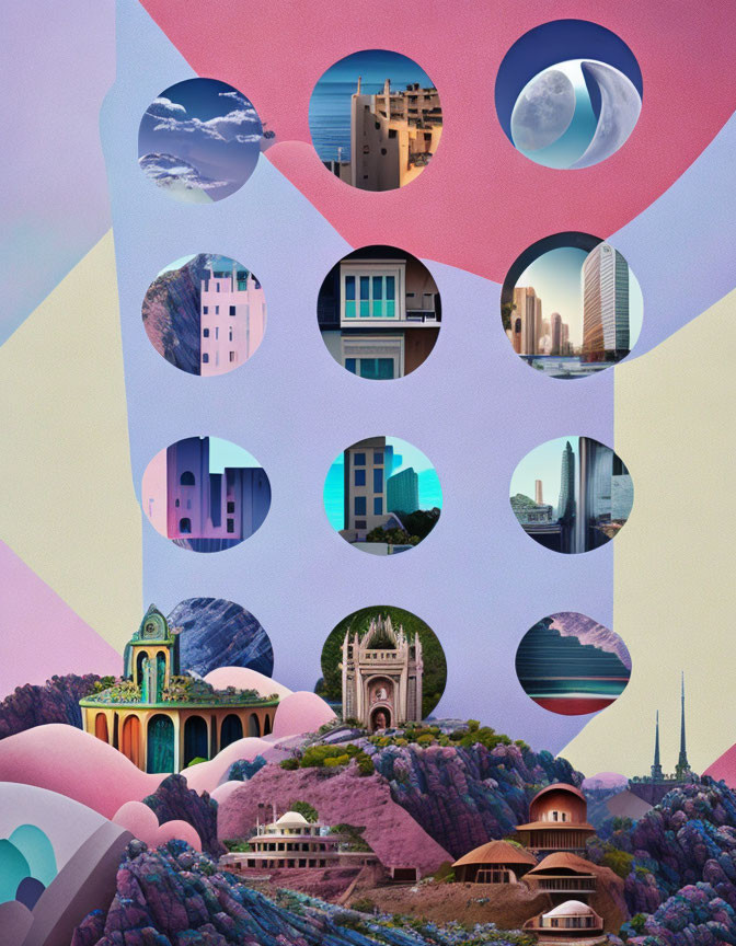 Circular Urban and Natural Landscape Collage on Pastel Geometric Background