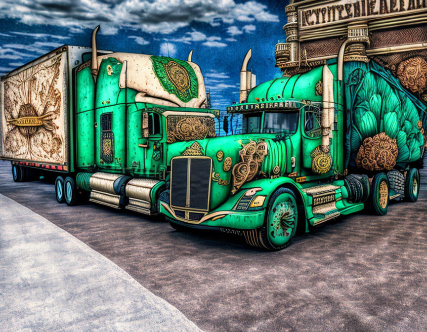 Digitally enhanced image of green ornate semi-truck under cloudy sky