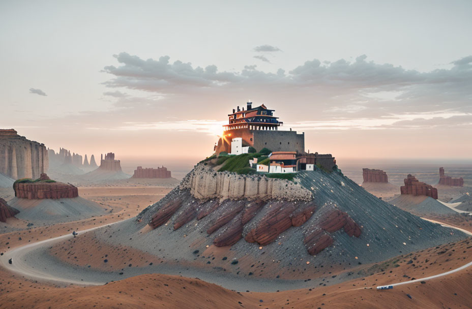 Ancient temple on craggy desert hill at dusk