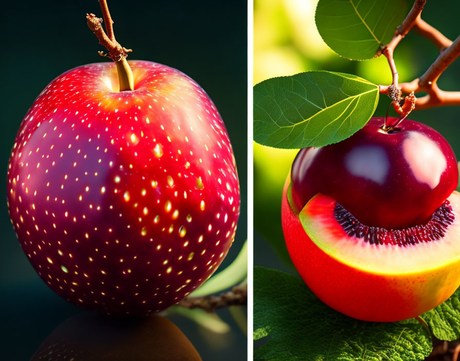 Detailed split-image of whole and cross-section apple.