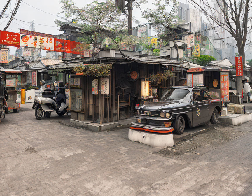 Vintage black car parked by rustic street stall with red lanterns and banners on urban street