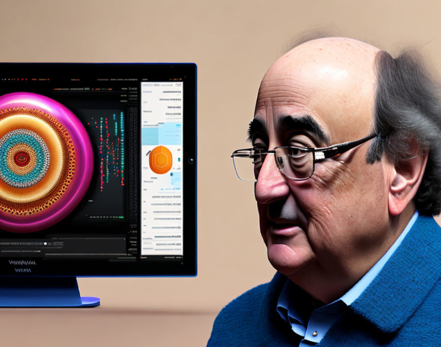 Man in Glasses Observing Colorful Data Visualizations