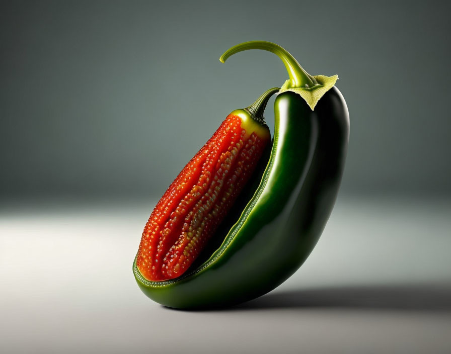 Digitally manipulated image: Jalapeño pepper cut open to resemble ripe tomato