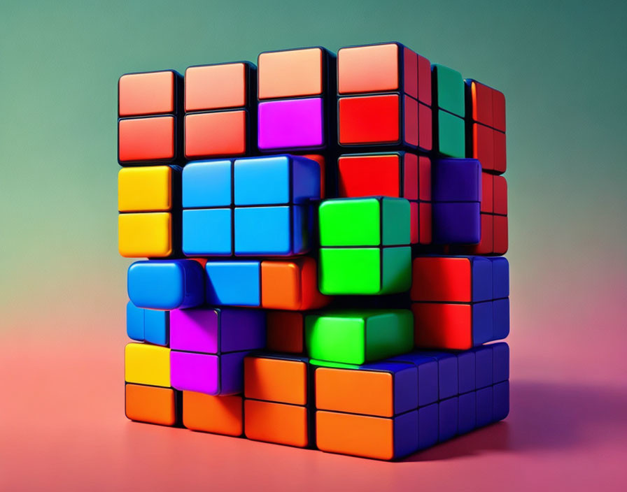 Three stacked unsolved Rubik's cubes on gradient background