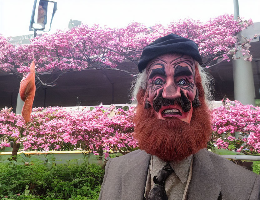 Exaggerated comical mask costume in front of pink flowers