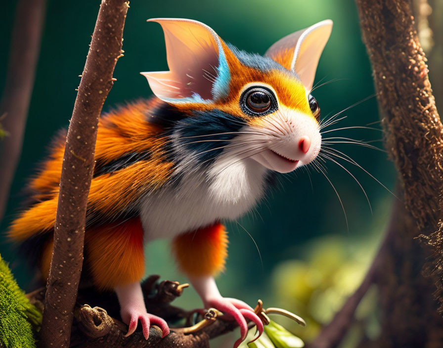 Vibrant creature with large ears perched on a lush branch