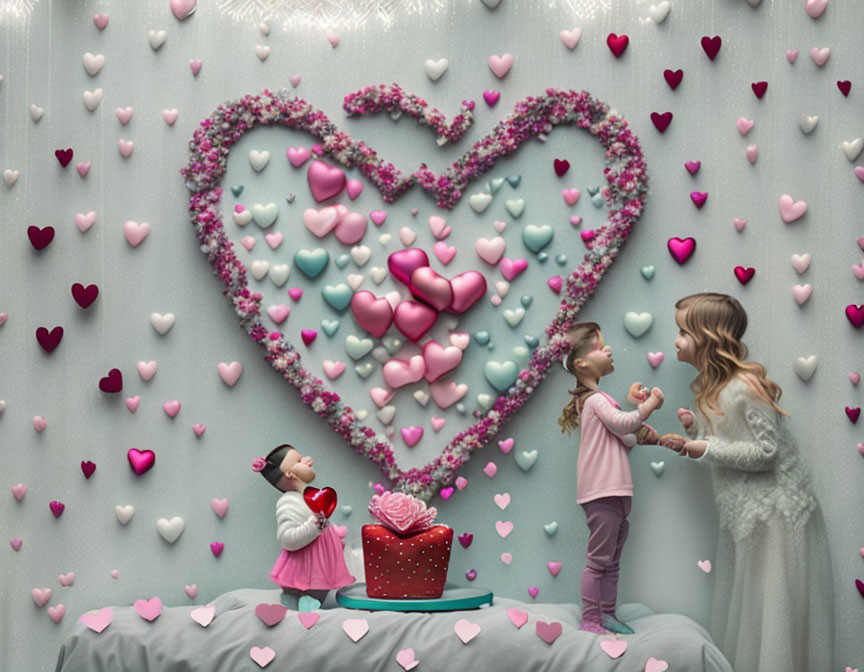 Illustration of children and adult in room with heart-shaped pink balloons.