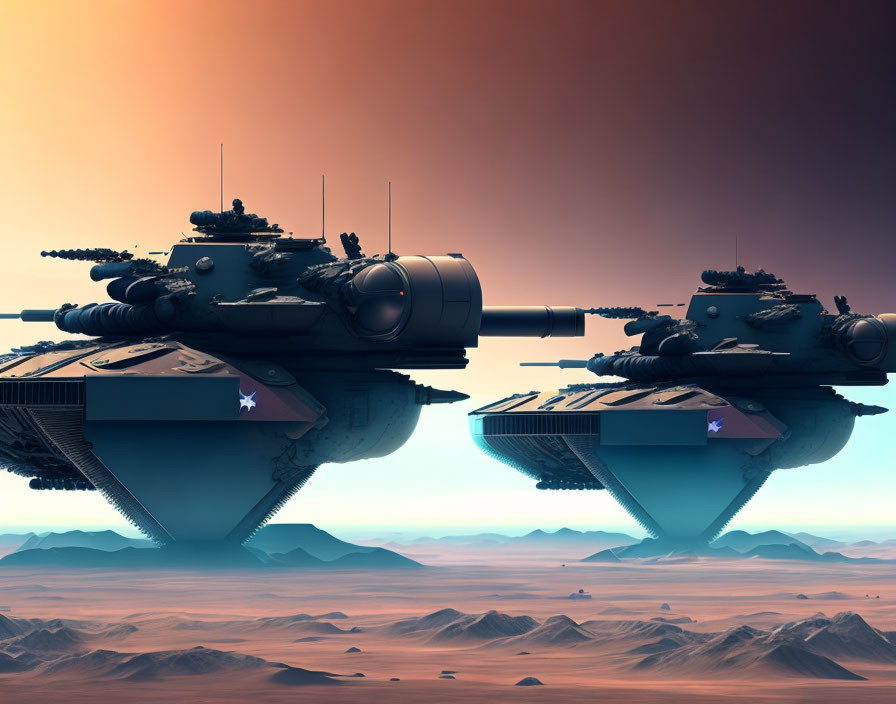 Futuristic hovering tanks in barren desert under orange sky