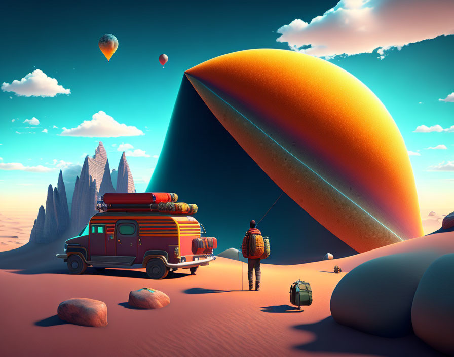 Traveler in surreal desert with colorful crescent, vintage van, and balloons