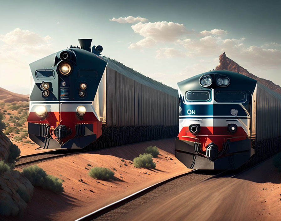 Two trains on adjacent tracks in a desert setting, one slightly ahead, clear sky.