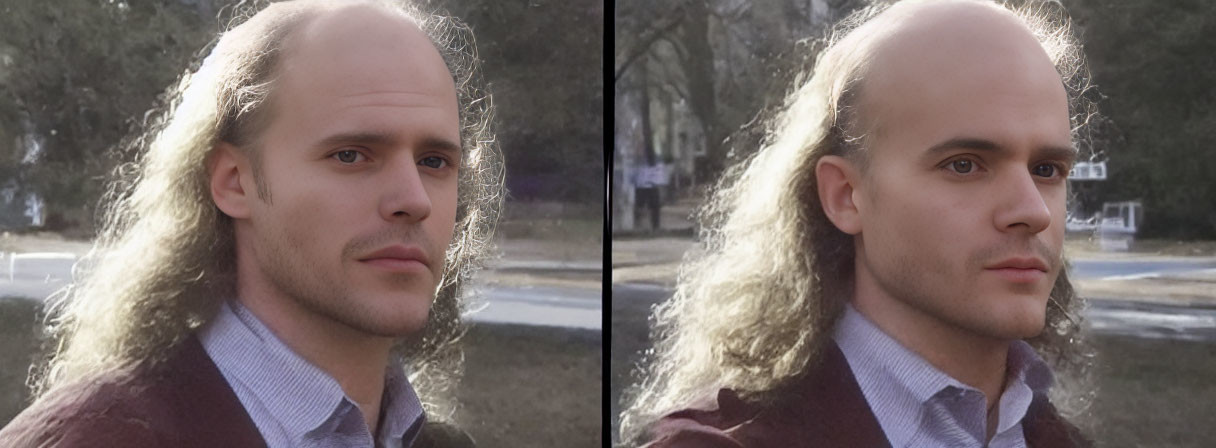 Side-by-side comparison of man outdoors with thin and thick hair volumes