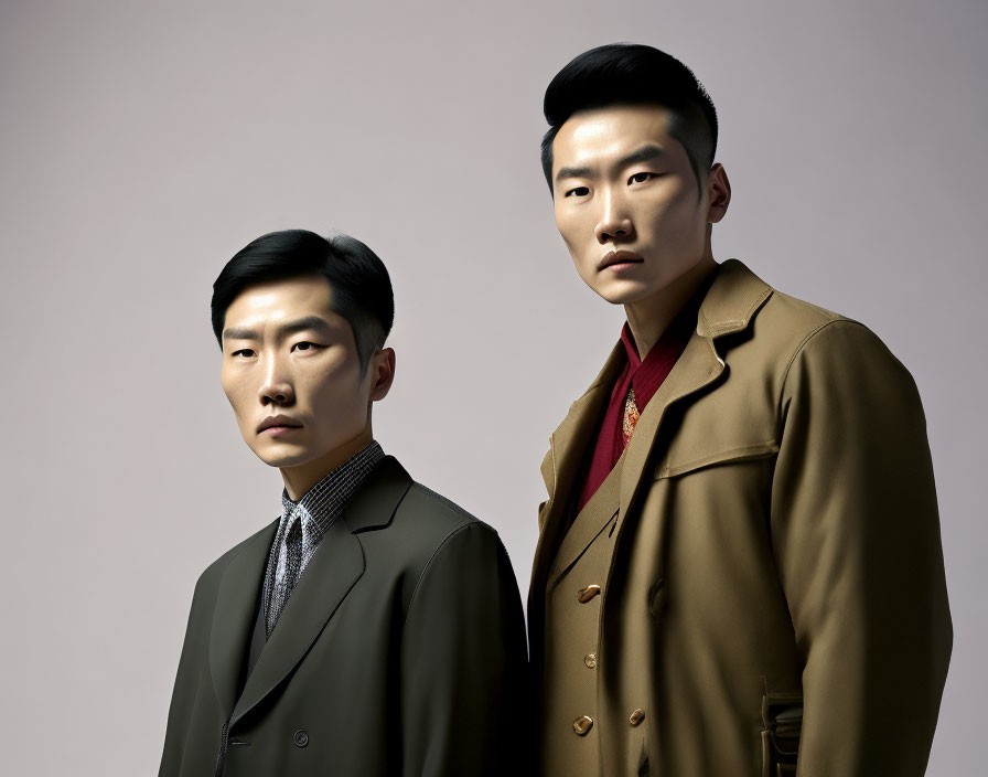 Two Men in Formal Attire Against Neutral Background