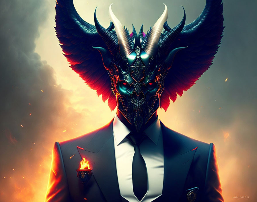 Artwork of figure in suit with demonic mask, glowing eyes, embers, fiery backdrop